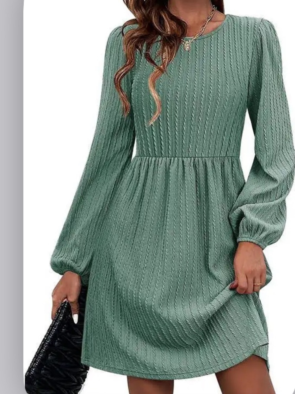 zeagoo Mint Green Cable Knit Balloon Sleeve Mini Dress